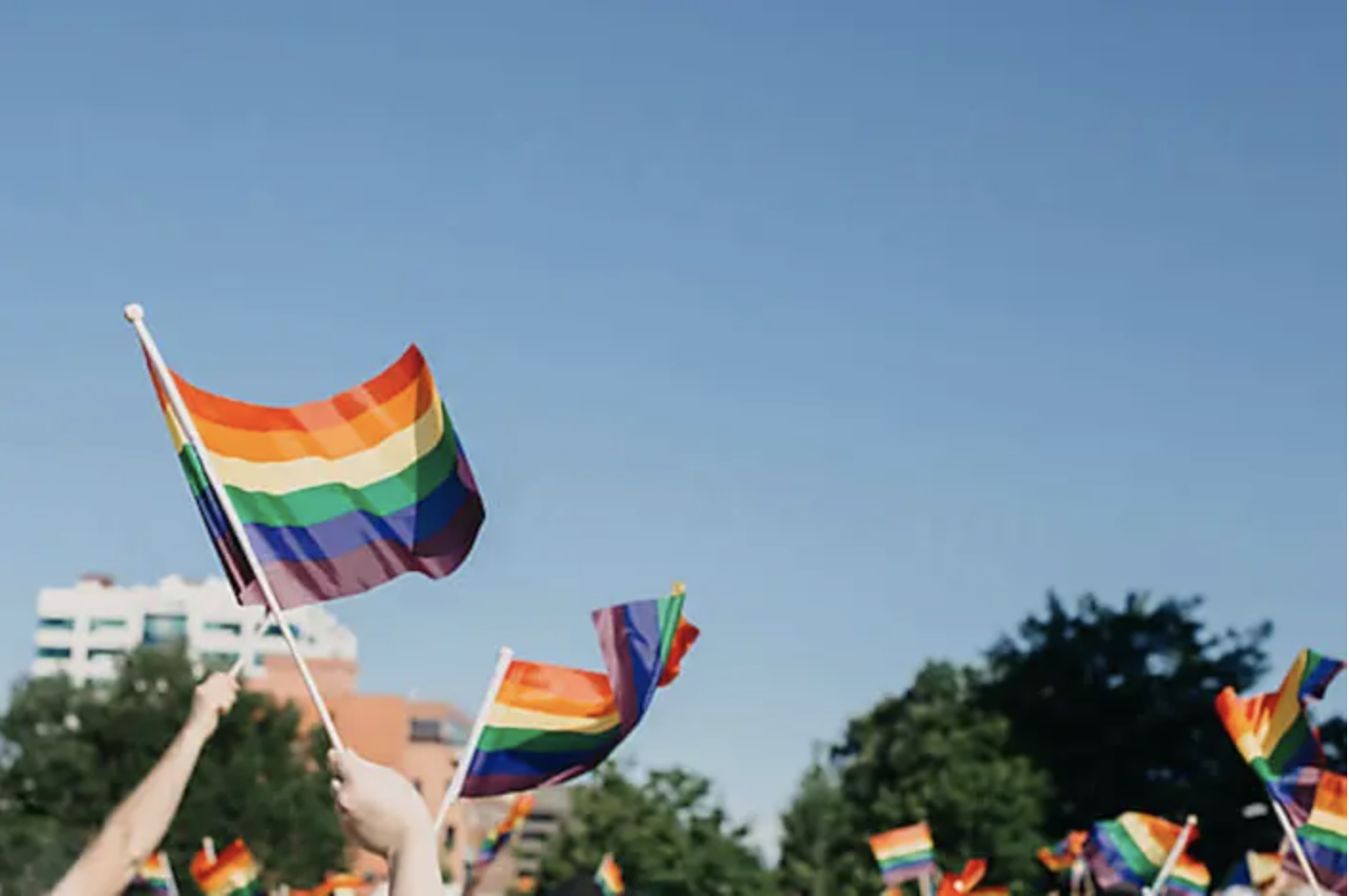 Hands waiving rainbow flags in the air against a blue sky.
