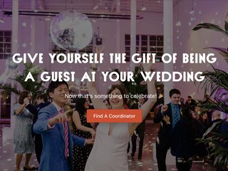screenshot of a website that shows text saying "give yourself the gift of being a guest at your own wedding" on top of an image of two people dancing in purple light with a disco ball overhead