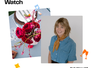Graphic shows two images next to each other: one of Amy Shack Egan and the other of a table scape with fuchsia flowers