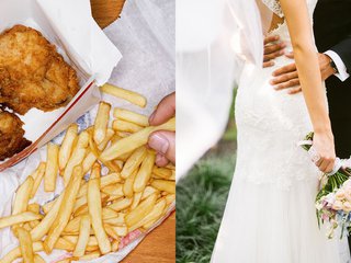 a close up of fast food fried chicken juxtaposed next to a couple in wedding attire