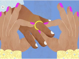 A drawn image of two peoples' hands, one person putting an engagement ring on the other person's hand