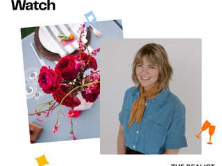 Graphic shows two images next to each other: one of Amy Shack Egan and the other of a table scape with fuchsia flowers